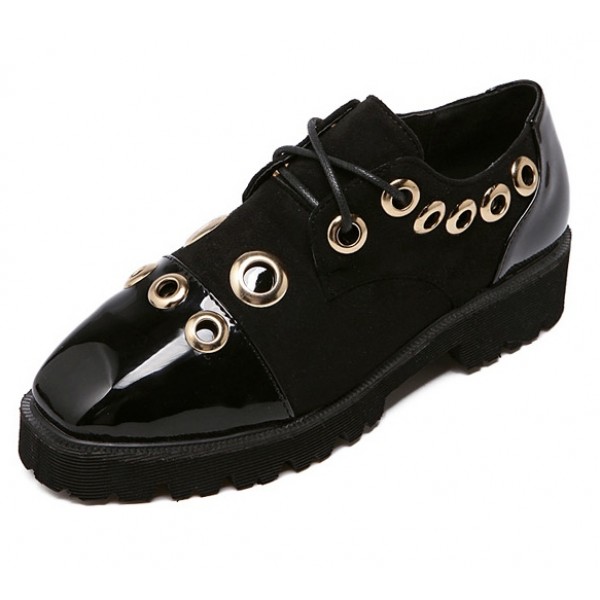 Black Patent Metal Studs Ring Grunge Lace Up Oxfords Shoes