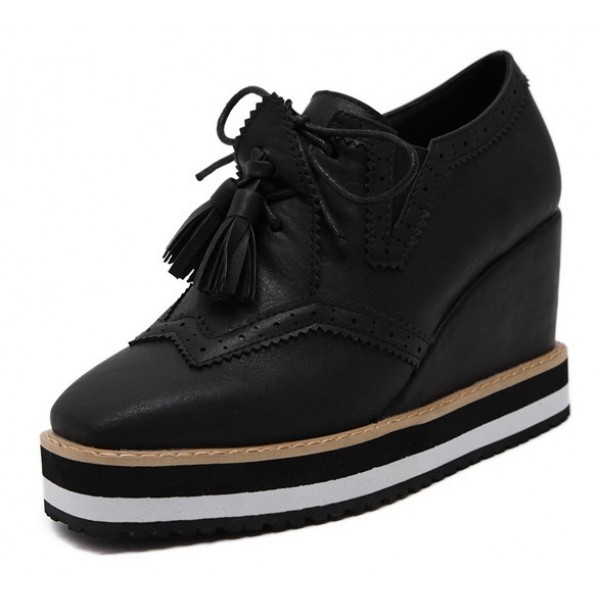Black Tassels Lace Up Platforms Wedges Oxfords Shoes