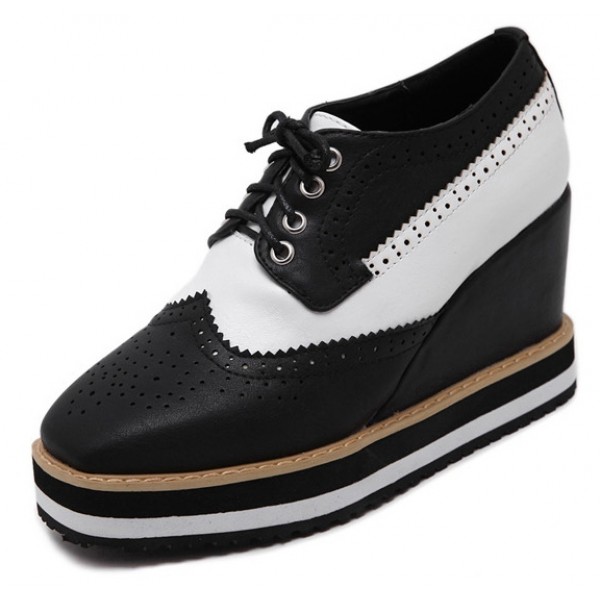 Black White Lace Up Platforms Wedges Oxfords Shoes