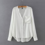 White Black Stitches Cotton Long Sleeves Blouse Shirt