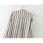 Cream Blue Stripes Vintage Retro Pattern Chiffon Long Sleeves Blouse Shirt