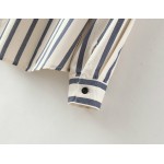 Cream Blue Stripes Vintage Retro Pattern Chiffon Long Sleeves Blouse Shirt