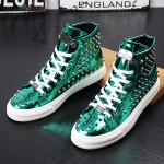 Green Metallic Silver Spikes Punk Rock Mens High Top Sneakers Shoes