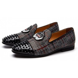Black Red Plaid Spikes Embroidered Mens Loafers Prom Dress Shoes