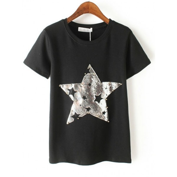 Black White Silver Stars Sequins Short Sleeves T Shirt Top