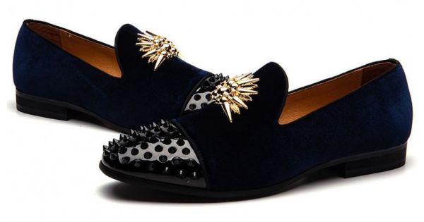 navy blue and gold loafers