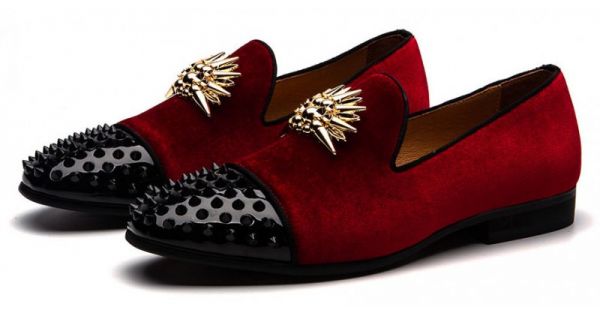 Burgundy Gold Spikes Mens Loafers 