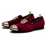 Burgundy Velvet Gold Spikes Mens Loafers Prom Dress Shoes