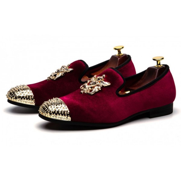 Burgundy Velvet Gold Spikes Mens Loafers Prom Dress Shoes
