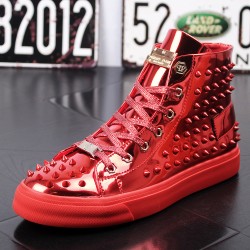 Red Metallic Silver Spikes Punk Rock Mens High Top Sneakers Shoes