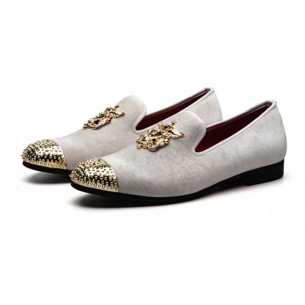 White Velvet Gold Spikes Mens Loafers Prom Dress Shoes