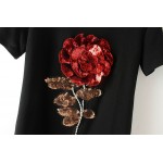 Black White Red Rose Flower Sequins Short Sleeves T Shirt Top