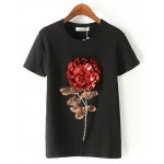Black White Red Rose Flower Sequins Short Sleeves T Shirt Top