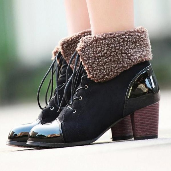 Black Suede Patent Lace Up Woolen Flap Over High Heels Combat Boots Shoes