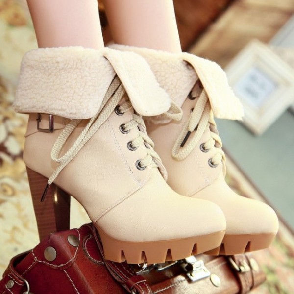 Cream Platforms Lace Up Woolen Flap Over High Heels Combat Boots Shoes