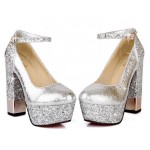 Silver Metallic Glitter Bling Bling Platforms Block High Heels Bridal Shoes