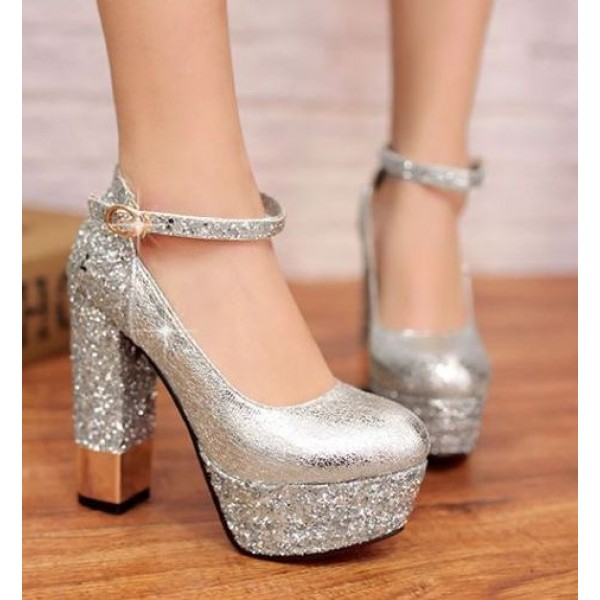 Silver Metallic Glitter Bling Bling Platforms Block High Heels Bridal Shoes