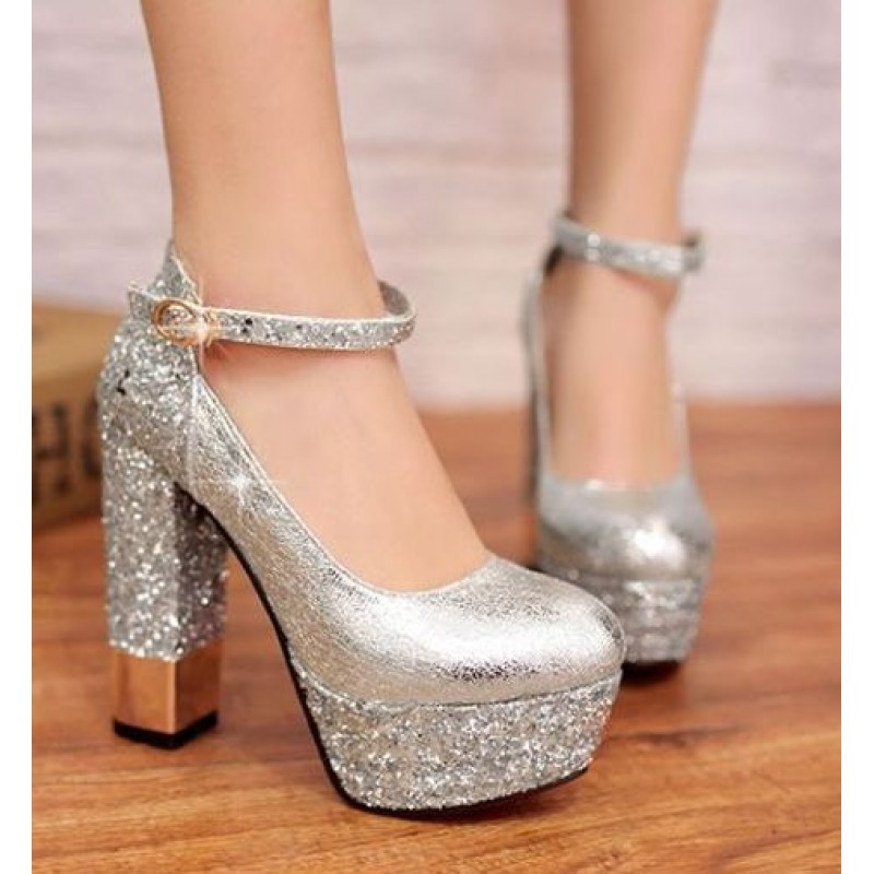 Bling Wedding Shoes for Bride With Block Heels Sparkly Lace 