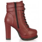 Burgundy Studs Lace Up High Top Combat Military High Heels Boots Shoes