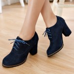 Blue Suede Old School Vintage Lace Up High Heels Women Oxfords Shoes