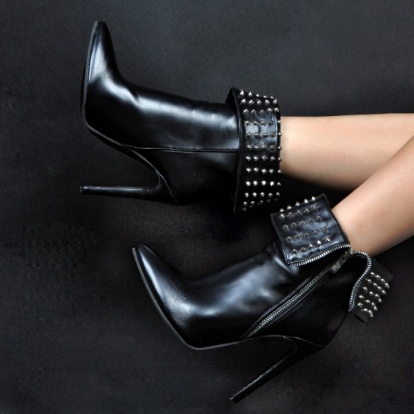 Black Metal Studs Flap Over Zipper Rider Stiletto High Heels Pointed Head Boots Shoes