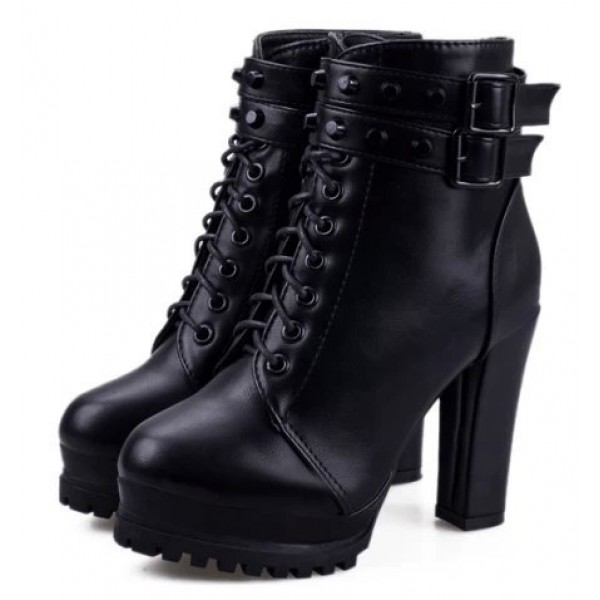 Black Studs Lace Up High Top Combat Military Rider High Heels Boots Shoes