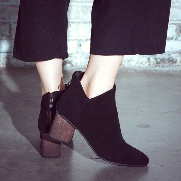 Black Suede Point Head Sexy Wooden Heels V Ankle Chelsea Boots