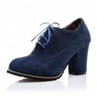 Blue Suede Old School Vintage Lace Up High Heels Women Oxfords Shoes