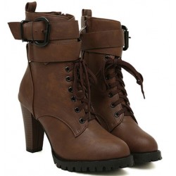 Brown Lace Up High Top Combat Military Rider High Heels Boots Shoes