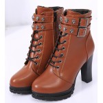 Brown Skulls Lace Up High Top Combat Military Rider High Heels Boots Shoes