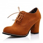 Brown Suede Old School Vintage Lace Up High Heels Women Oxfords Shoes