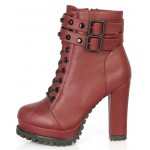 Burgundy Studs Lace Up High Top Combat Military High Heels Boots Shoes