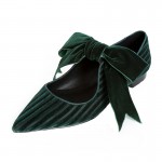 Green Twill Velvet Bow Point Head Ballerina Ballets Sandals Flats Shoes