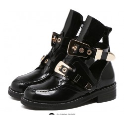 Black Gold Metal Buckles Punk Rock Gothic High Top Cut Out Boots Shoes