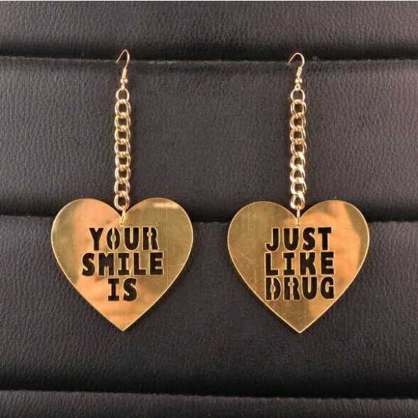 Gold Your Smile is Just Liike Drugs Heart Acrylic Oversized Earrings Ear Drops
