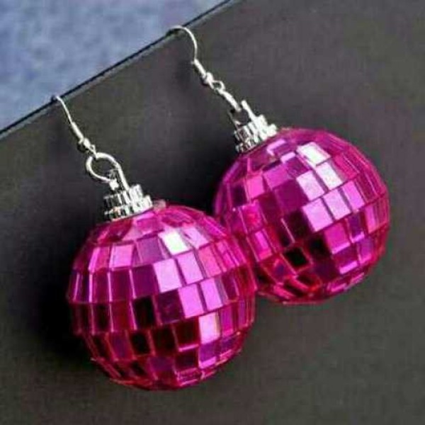 Pink Fushia Giant Mirror Disco Ball Oversized Earrings Ear Drops
