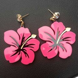 Pink Giant Hawaii Hibiscus Flower Funky Acrylic Oversized Earrings Ear Drops