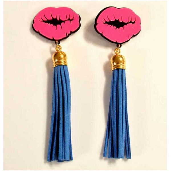 Pink Sexy Lips Blue Long Tassels Funky Acrylic Oversized Earrings Ear Drops