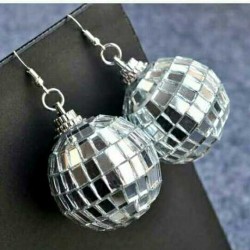 Silver Giant Mirror Disco Ball Oversized Earrings Ear Drops