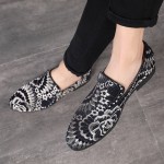 Black White Oriental Embroidered Flowers Patterned Loafers Dapperman Dress Shoes Flats