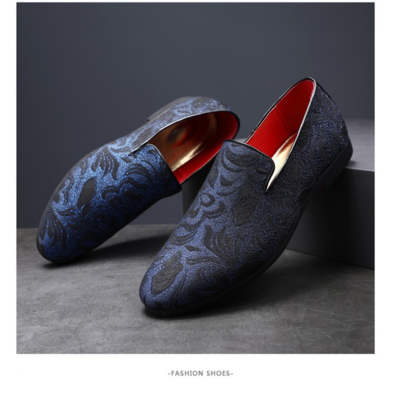 Men's Navy Blue Slip On Floral Tone Print Dress Shoes Loafers 1714