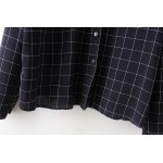 Navy Blue Checkers Vintage Retro Pattern Cotton Long Sleeves Blouse Shirt