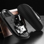 Black Leather Double Strap Flip Flops Flats Fashion Mens Gladiator Roman Sandals