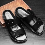 Black Leather Double Strap Flip Flops Flats Fashion Mens Gladiator Roman Sandals