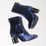 Blue Navy Velvet Suede Stretchy Blunt Head High Heeks Mid Calf Boots Shoes