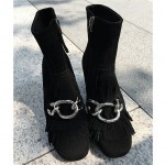 Black Suede Tassels Metal Chain Blunt Head Ankle Boots High Heels Shoes