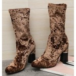 Brown Velvet Suede Stretchy Blunt Head High Heeks Mid Calf Boots Shoes