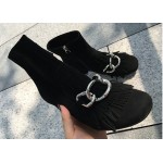 Black Suede Tassels Metal Chain Blunt Head Ankle Boots High Heels Shoes