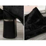 Black Velvet Suede Stretchy Blunt Head High Heeks Mid Calf Boots Shoes
