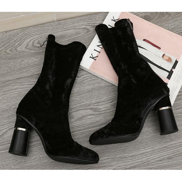 Black Velvet Suede Stretchy Blunt Head High Heeks Mid Calf Boots Shoes